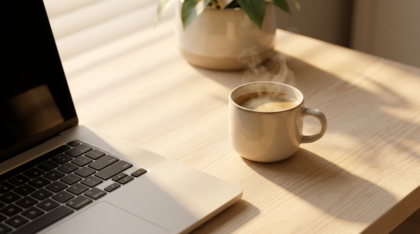 Sunlit workspace with steaming coffee and laptop on wooden desk, golden shadows across surface